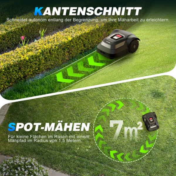 Mähroboter mit 2,4 GHz WiFi-oder Bluetooth-Verbindung, Steuerung über APP-Anwendung, Kantenschneidefunktion, Regenüberwachung, Wasserdicht, Ausgestattet mit Intelligenter Schneidkopfanpassung, 500 m²